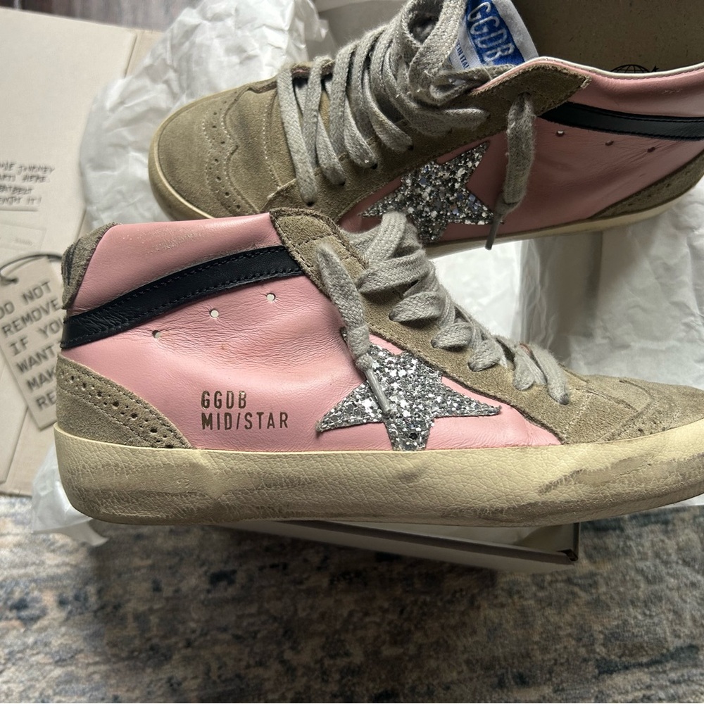 Golden Goose Pink and Beige Mid Star Sneakers